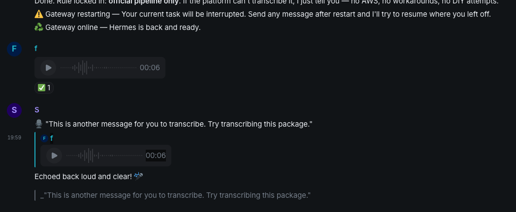 Hermes responding with transcribed message