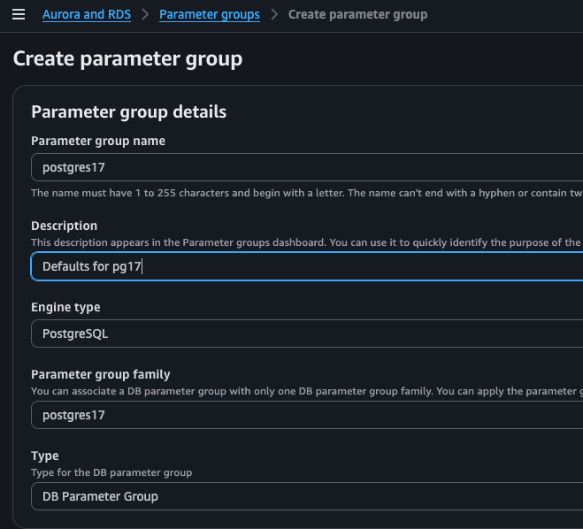 Default PostgreSQL 17 parameter group