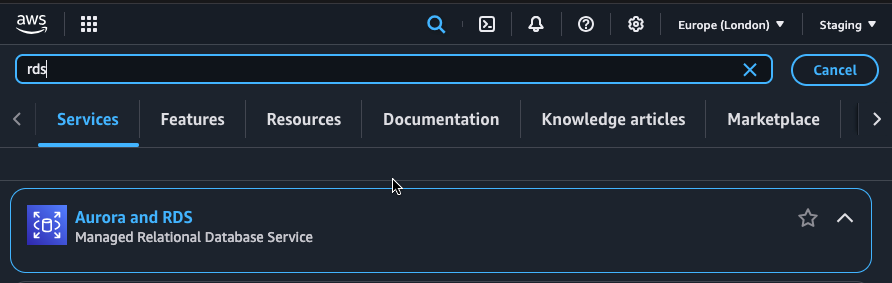 Search for RDS in AWS Console